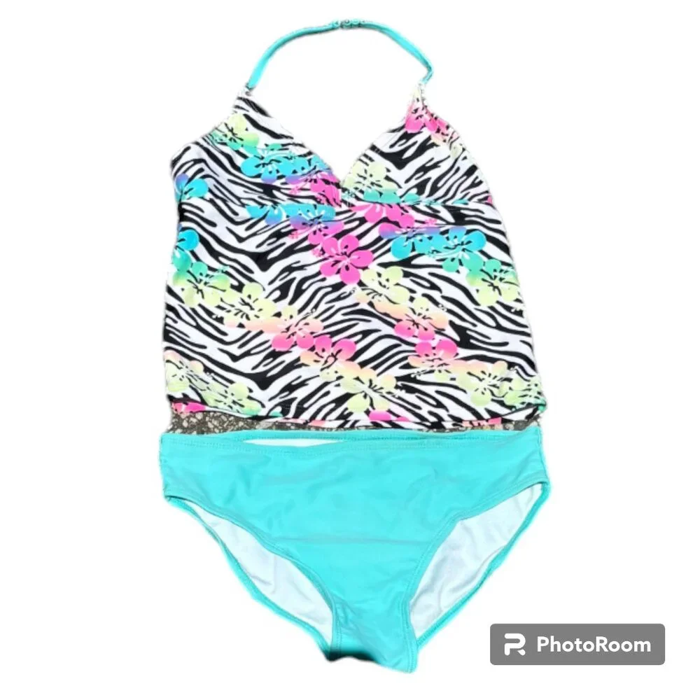 OP Girl's Tropical Hawaiian 2 Piece Tankini‎ Swimsuit Bikini sz M 7-8